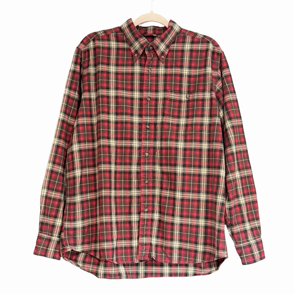 Eddie Bauer‎ Red Tan Flannel Button Up Shirt Outdoor Camping Cabin Lumberjack